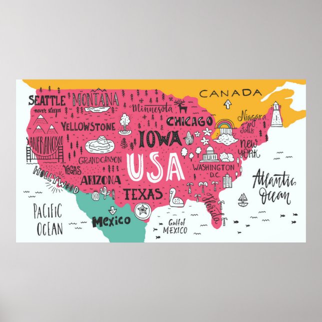 Map Of Usa | Cute Doodle Design Poster (Front)