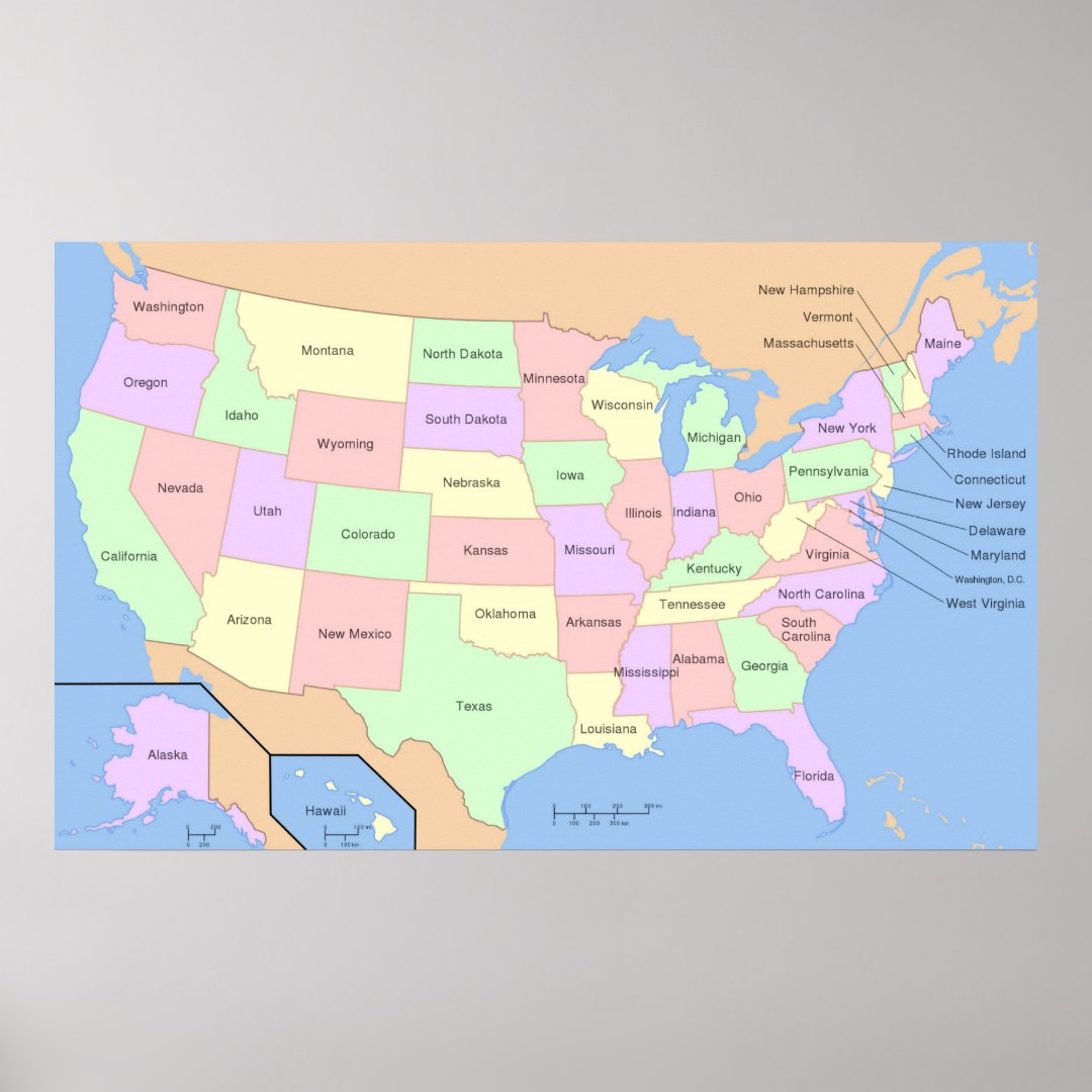 Map of USA with State Names Poster | Zazzle