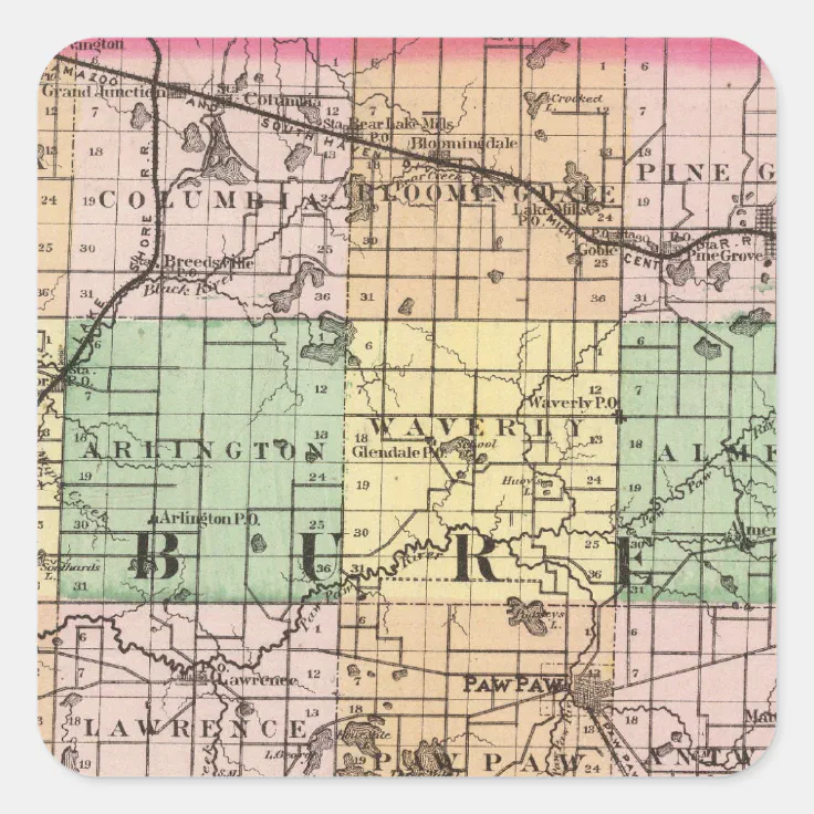 Map of Van Buren County, Michigan Square Sticker Zazzle