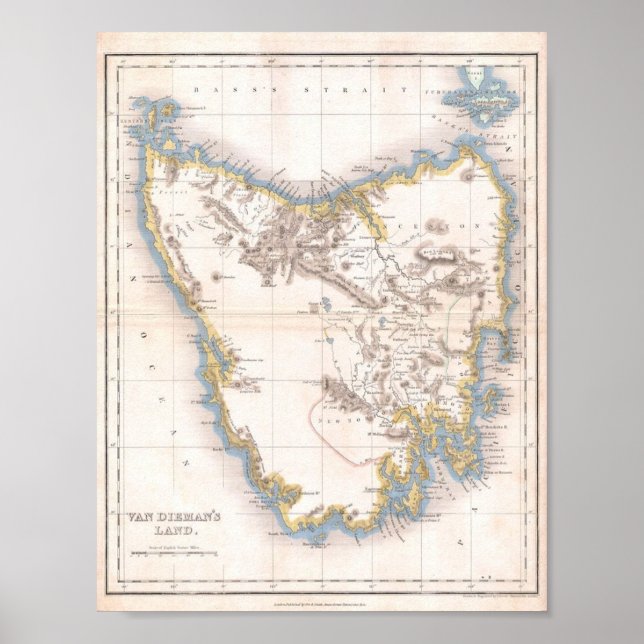 Map of Van Dieman's Land or Tasmania Poster (Front)
