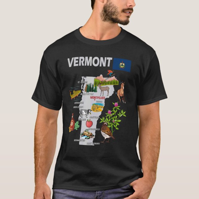 Map Of Vermont State  Landmarks  Major Cities  Fla T-Shirt (Front)