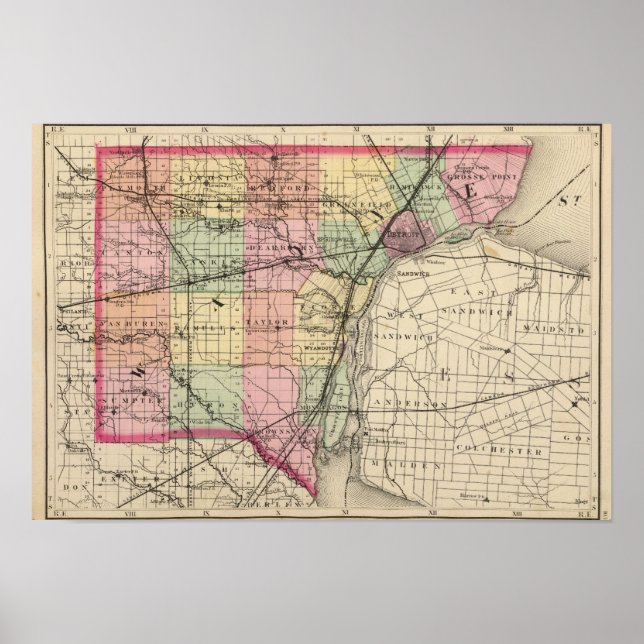 Map of Wayne County, Michigan Poster (Front)