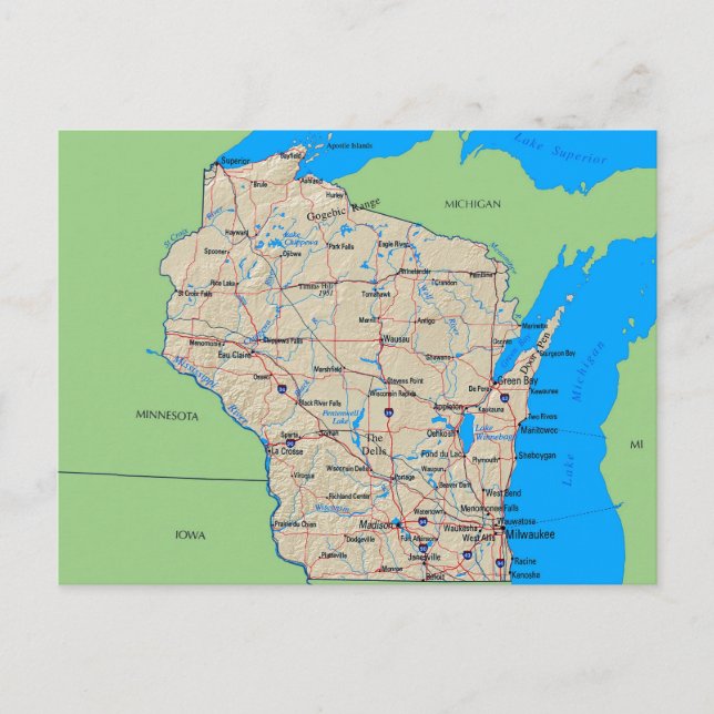 Map of Wisconsin Post Cards (Green) (Front)