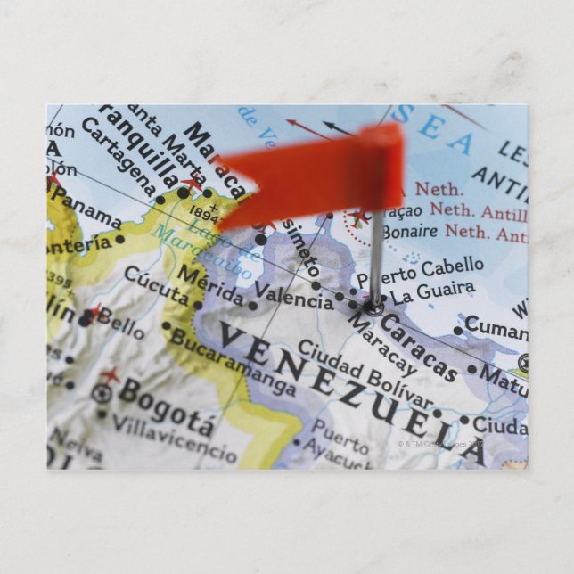 Map pin placed in Caracas, Venezuela on map, Postcard (Front)