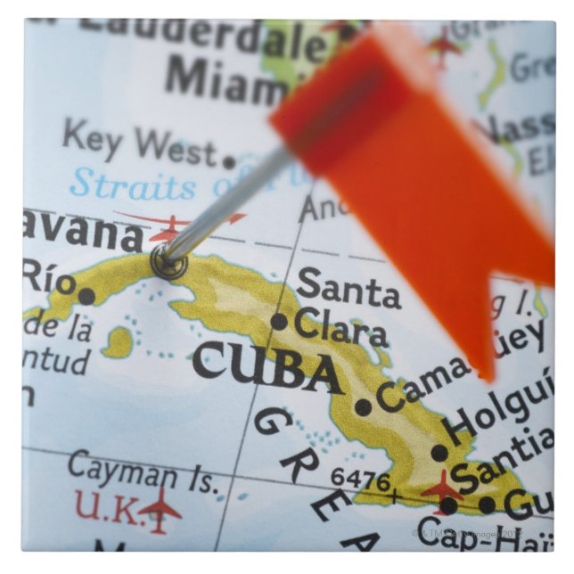 Map pin placed in Havana, Cuba on map, close-up Ceramic Tile (Front)