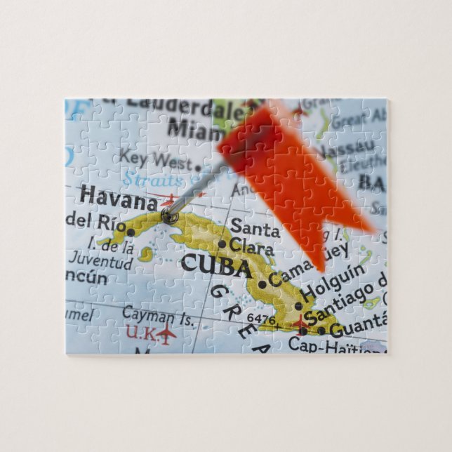Map pin placed in Havana, Cuba on map, close-up Jigsaw Puzzle (Horizontal)