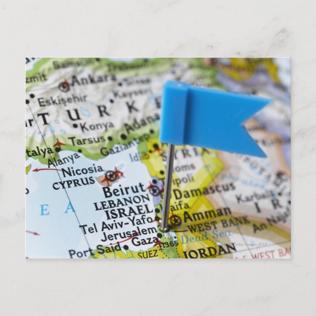 Map pin placed in Jerusalem, Israel on map, Postcard (Front)