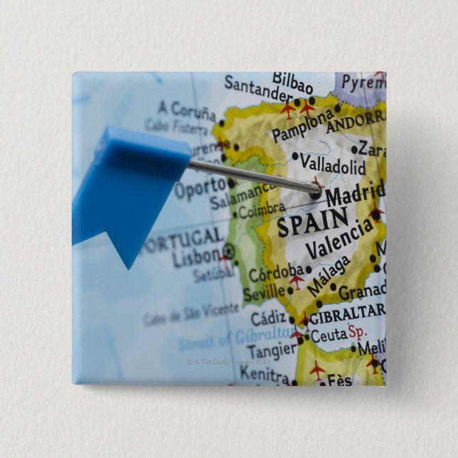 Map pin placed in Madrid, Spain on map, close-up (Front)