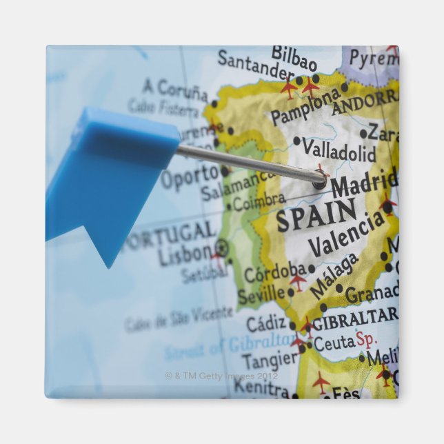 Map pin placed in Madrid, Spain on map, close-up Magnet (Front)