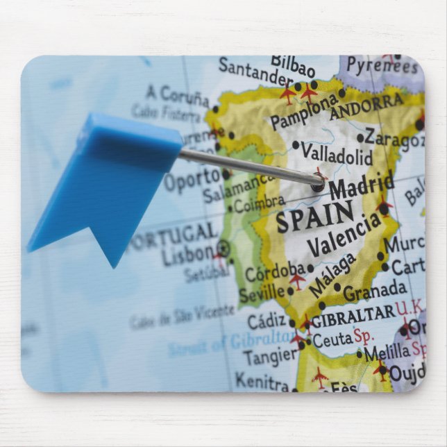 Map pin placed in Madrid, Spain on map, close-up Mouse Pad (Front)