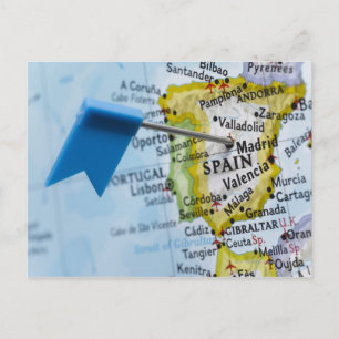 Map pin placed in Madrid, Spain on map, close-up Postcard