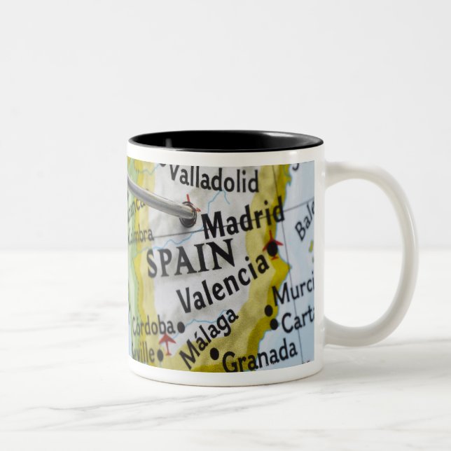 Map pin placed in Madrid, Spain on map, close-up Two-Tone Coffee Mug (Right)