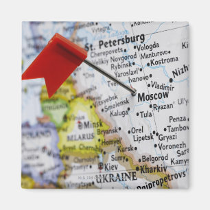 Map pin placed in Moscow, Russia on map, Magnet