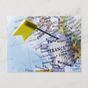 Map pin placed in Paris, France on map, close-up Postcard