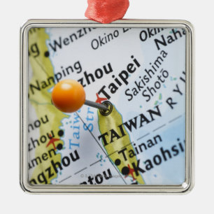 Map pin placed in Taipei, Taiwan on map, Metal Tree Decoration