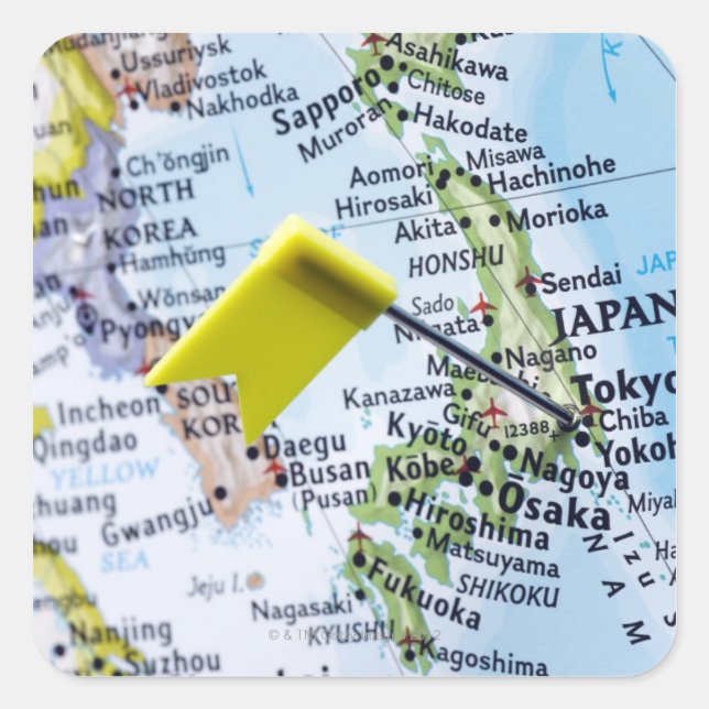 Map pin placed in Tokyo, Japan on map, close-up Square Sticker (Front)