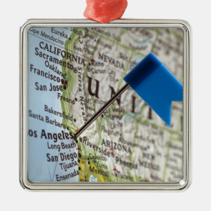 Map pin placed on Los Angeles, California on Metal Tree Decoration