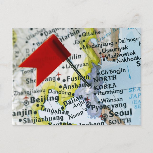 Map pin placed on North Korea on map, close-up Postcard (Front)