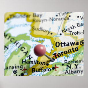 Map pin placed on Toronto, Canada on map, Poster