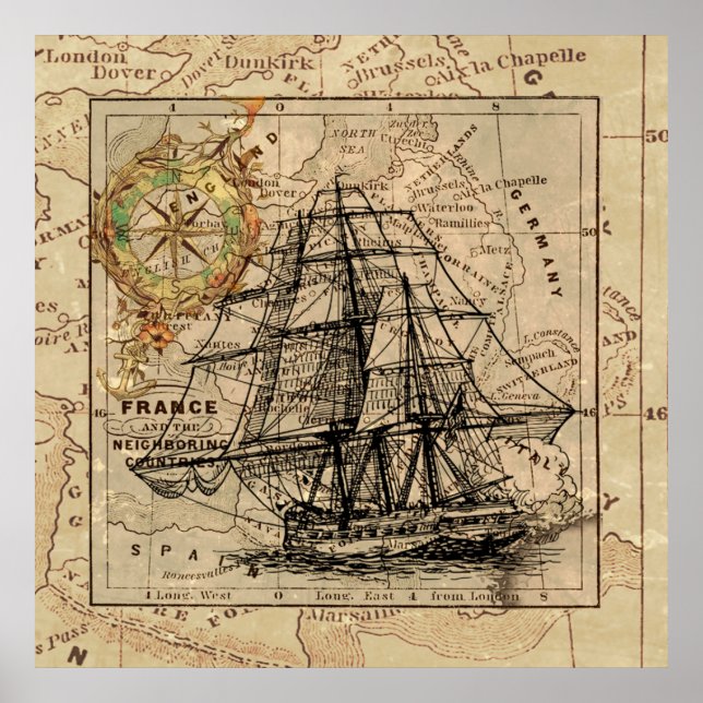 Map Retro Sailing Ship Design Poster (Front)