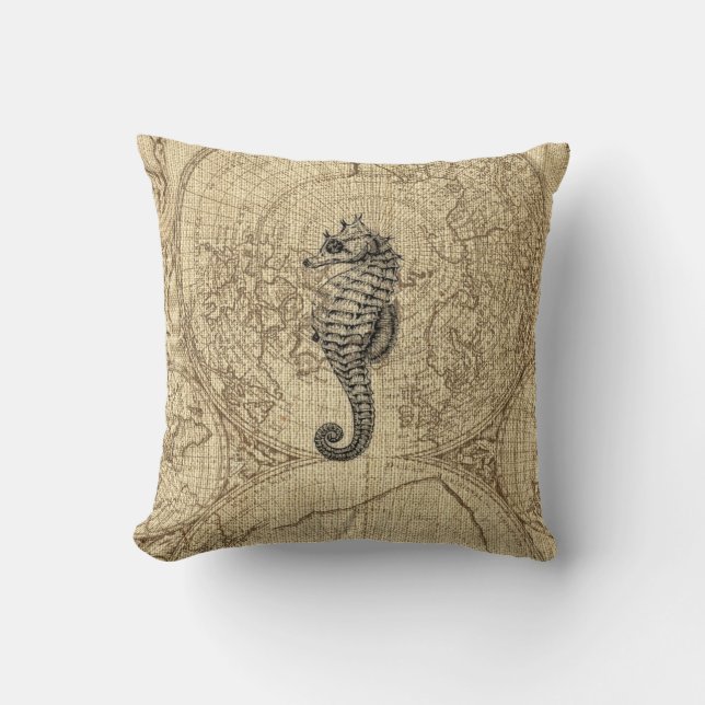 Map Sealife Black Seahorse Illustration Coastal Cushion (Front)