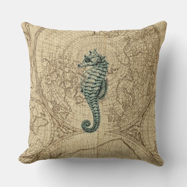 Map Sealife Green Seahorse Illustration Coastal Cushion (Front)