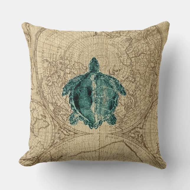 Map Sealife Green Turtle Illustration Coastal Cushion (Front)