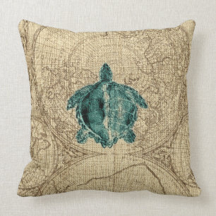Map Sealife Green Turtle Illustration Coastal Cushion