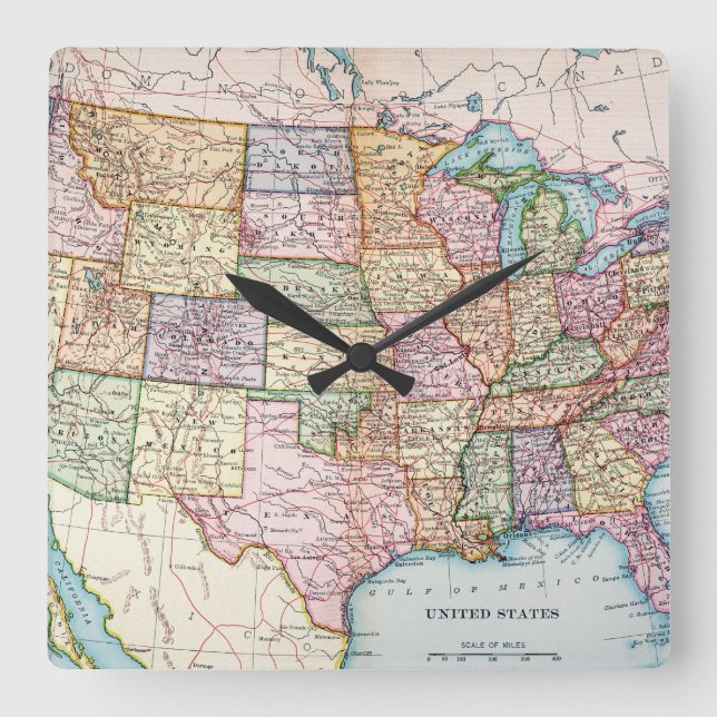 Map: United States, 1905 Square Wall Clock (Front)