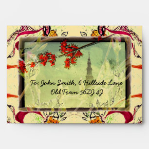 Maple and Magnolia Blossom with old tower elegant Envelope
