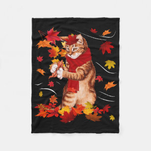Maple Cat Autumn Maple Hello Fall Leaf Gift Women Fleece Blanket