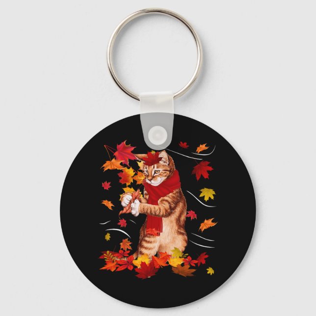 Maple Cat Autumn Maple Hello Fall Leaf Gift Women  Key Ring (Front)