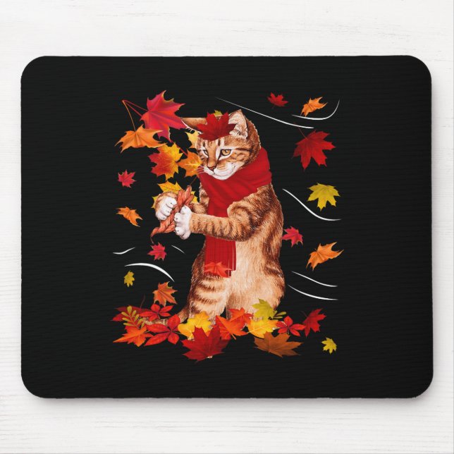 Maple Cat Autumn Maple Hello Fall Leaf Gift Women  Mouse Pad (Front)