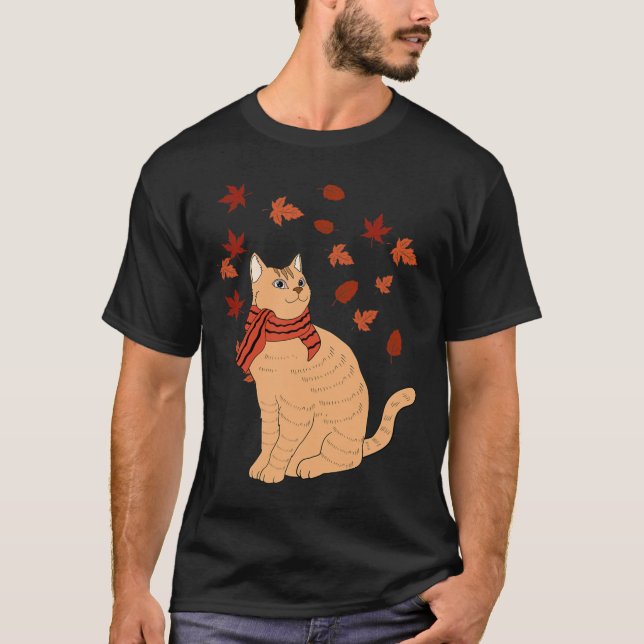 Maple Cat Leaf Fall Hello Autumn Fun Cat  T-Shirt (Front)