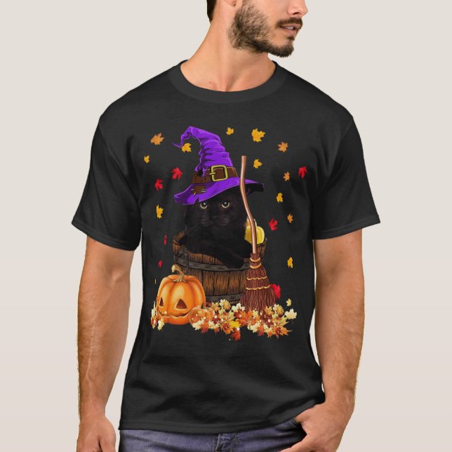 Maple Cat Leaf Leaves Fall Hello Autumn Funny Kitt T-Shirt (Front)
