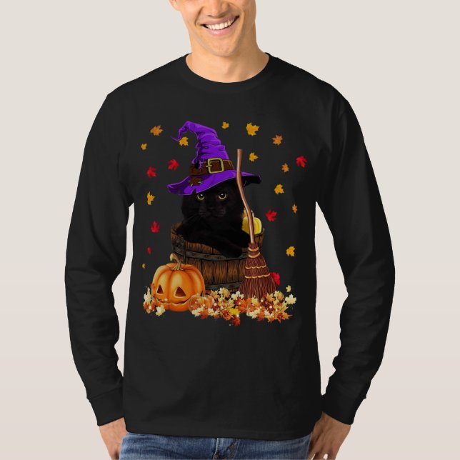 Maple Cat Leaf Leaves Fall Hello Autumn Funny Kitt T-Shirt (Front)