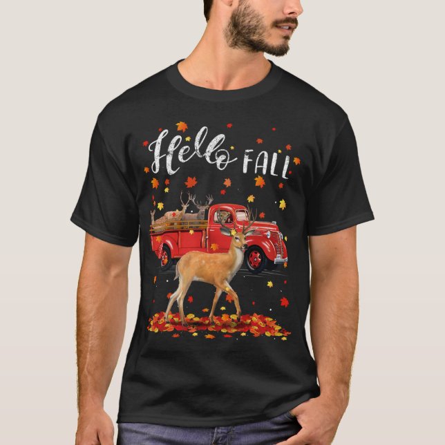 Maple Deer Leaf Fall Autumn Red Truck T-Shirt (Front)