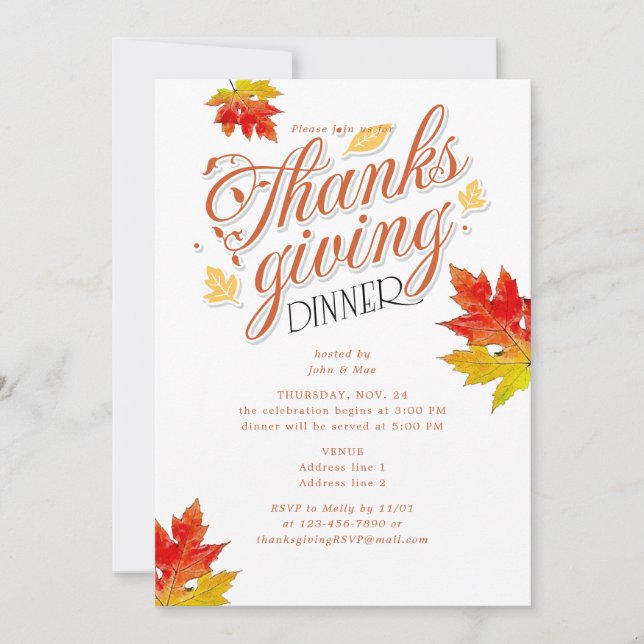 Maple Leaf Burnt Orange Thanksgiving Dinner Party Invitation (Front)
