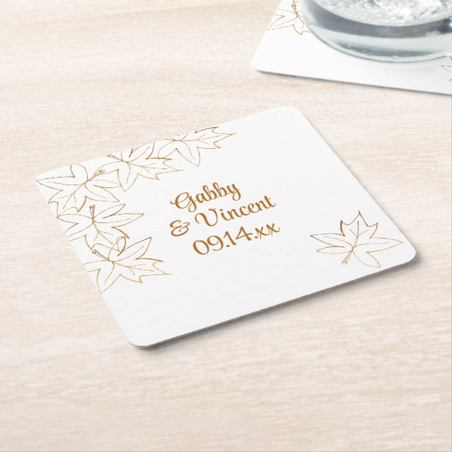 Maple Leaf Edge Wedding Square Paper Coaster (Angled)