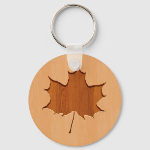 Maple leaf engraved on wood design key ring