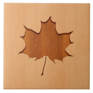 Maple leaf engraved on wood design tile