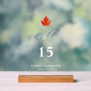 Maple Leaf Modern Elegant Script Wedding Table No. Acrylic Sign