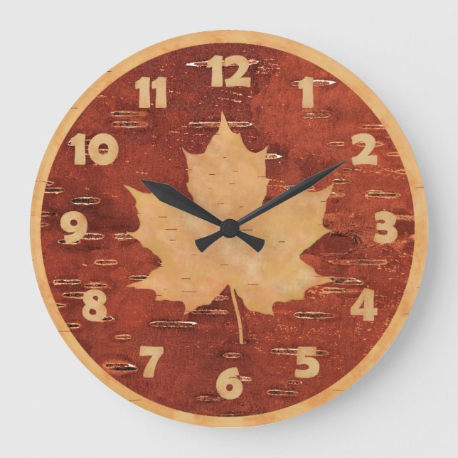 Maple Leaf On Inner Birch Bark Large Clock (Front)