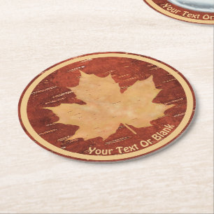 Maple Leaf On Inner Birch Bark Round Paper Coaster