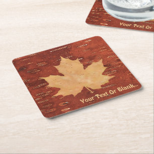 Maple Leaf On Inner Birch Bark Square Paper Coaster