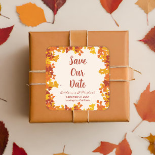 Maple Leaf Orange Terracotta Autumn Save The Date Square Sticker