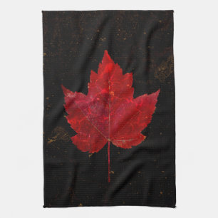 Maple Leaf Red Black Gold Country Fall Texture Tea Towel