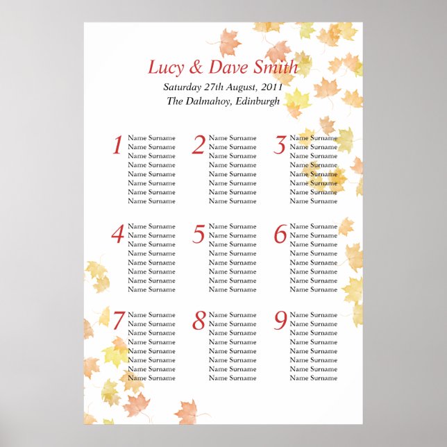 Maple Leaf Wedding Table Seating Plan Poster (Front)