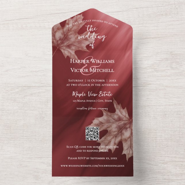 maple leaves accent maroon gradient QR code All In One Invitation (Inside)