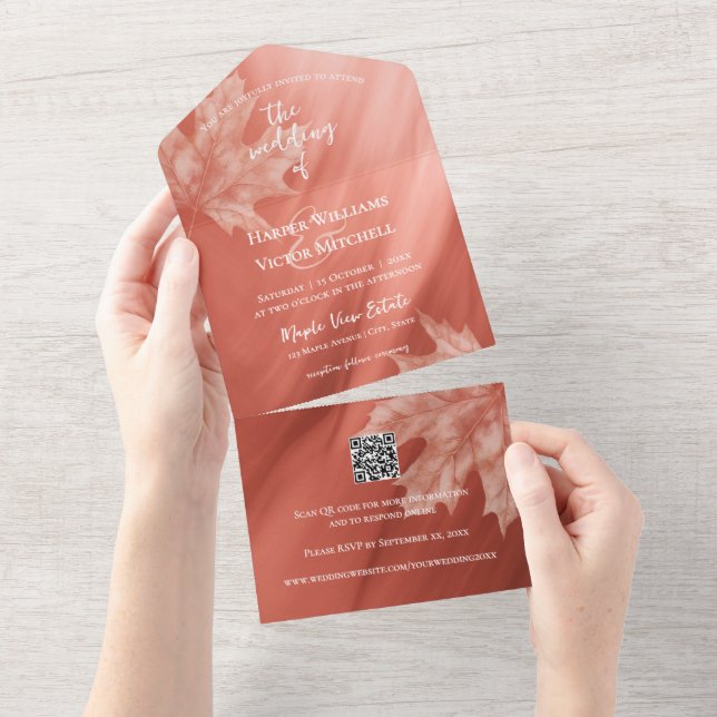 maple leaves accent terracotta gradient QR code All In One Invitation (Tearaway)